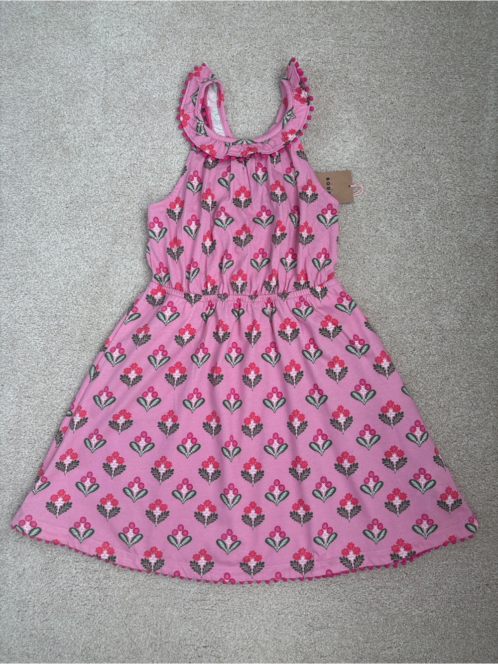 NWT Mini Boden Ruffle Neck Trim Dress
Formica Pink Block Floral, size 9/10y